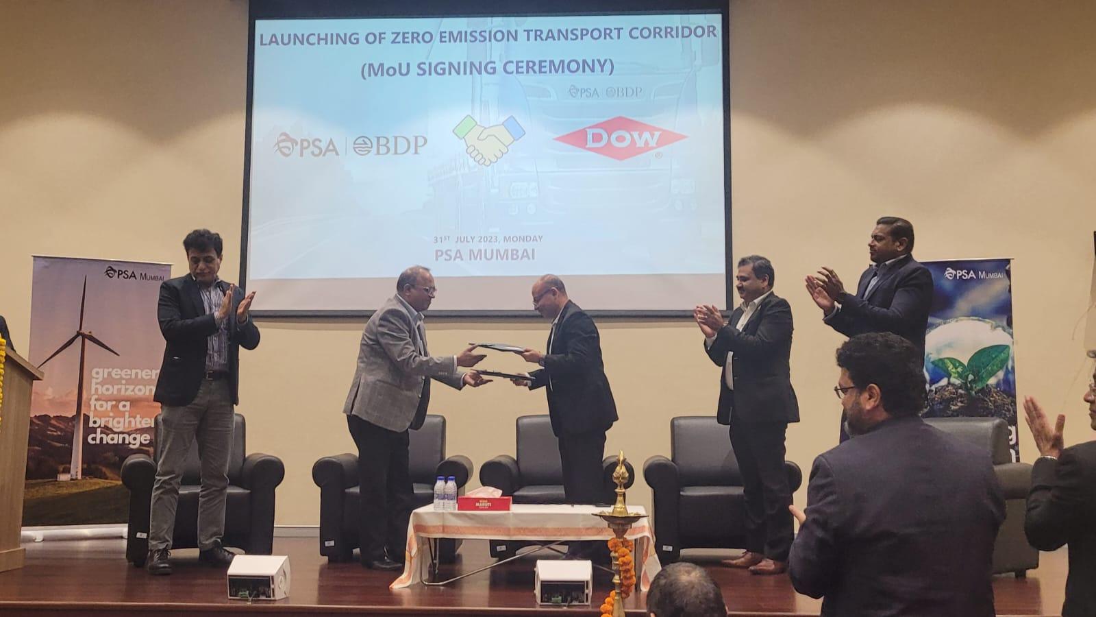 Leaders from PSA, BDP, and Dow India announcing the zero emissions initiative in Nhava Sheva.