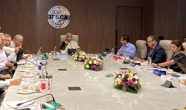 Union Minister Nirmala Sitharaman at the review meeting on Growth and Development of GIFT-IFSC at GIFT City.