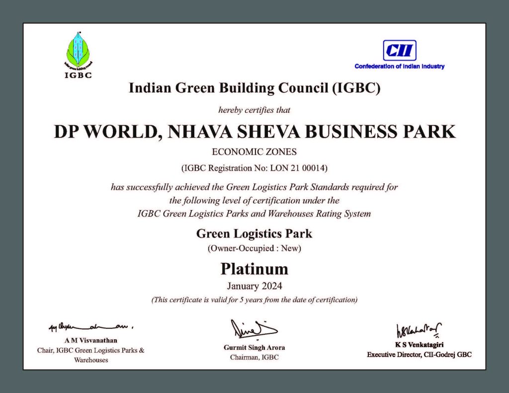 CII (IGBC) Green Logistics Parks - CERTIFICATE DP WORLD, NHAVA SHEVA BUSINESS PARK